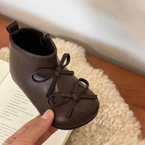 Toddler Baby Girl Winter Boots Microfiber Leather Warm Plush Lining Sweet Bow Martin Boots Side Zipper Princess Prewalker Shoes