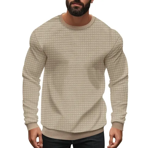 Men's Waffle Knit Long Sleeve T-Shirt Slim Fit Round Neck Grid Pattern Casual Thermal Pullover Top For Autumn Winter Men