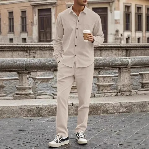 Traje Casual de Pana para Hombre Conjunto de Camisa de Manga Larga con Botones y Pantalones Dos Piezas Color Sólido Moda de Otoño Top And Bottom