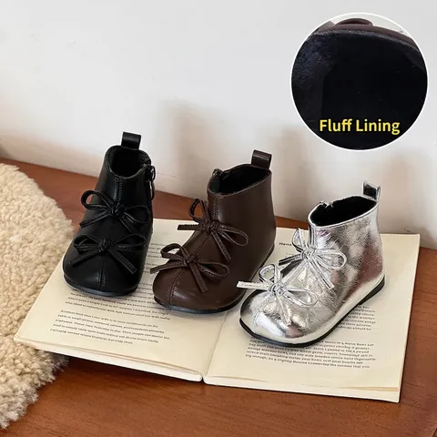 Toddler Baby Girl Winter Boots Microfiber Leather Warm Plush Lining Sweet Bow Martin Boots Side Zipper Princess Prewalker Shoes