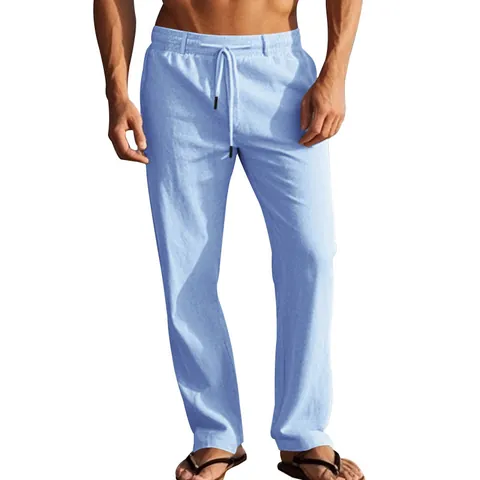 Pantaloni da Uomo Casual in Lino e Cotone Stile Americano Minimalista Tinta Unita Gamba Dritta Con Coulisse Moda Autunnale