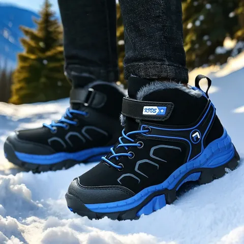 Kids Winter Outdoor Hiking Shoes Warm Fleece Lined Anti-Slip Steel Crampons Snow Boots For Boys Girls Climbing Sneakers