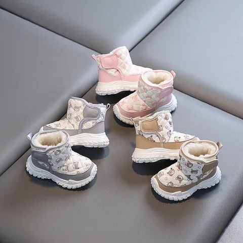 Toddler Snow Boots Fleece Lined Winter Warm Shoes Waterproof Non Slip Cartoon Bear Design Casual Infant Footwear