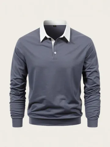 Men Casual Long Sleeve Polo Shirt Contrast Collar Polyester Regular Fit Top Autumn Fashion Solid Ribbed Cuffs Polo Shirt