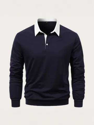 Men Casual Long Sleeve Polo Shirt Contrast Collar Polyester Regular Fit Top Autumn Fashion Solid Ribbed Cuffs Polo Shirt