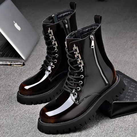Stivali Martin da Uomo in Pelle di Vacchetta alla Moda Suola Spessa con Cerniera Laterale Stivali da Lavoro Eleganti Casual Chelsea per Autunno Inverno