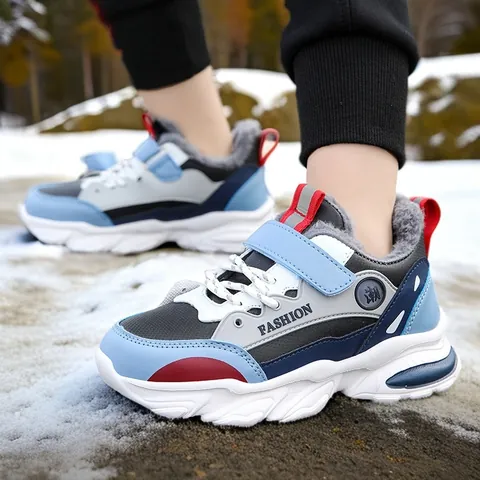 Boys Winter Fleece Lined Warm Sports Shoes Thick Sole Non-Slip Wear-Resistant Waterproof Outdoor Sneakers For Kids Fashion Casual Dad Shoes