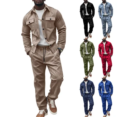 Men's Faux Suede Tracksuit Heavyweight Top And Bottom Jacket And Pants Solid Color American Streetwear Outfit For Autumn Winter