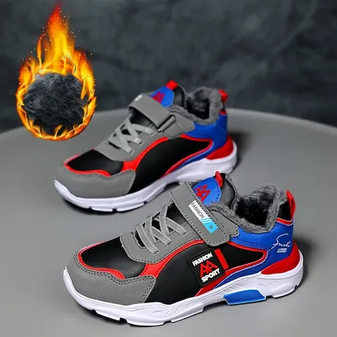 Boys Winter Running Shoes Thickened Warm Plush Sneakers Waterproof Anti-Slip Outdoor Hiking Shoes Kids Hook And Loop Sport Footwear