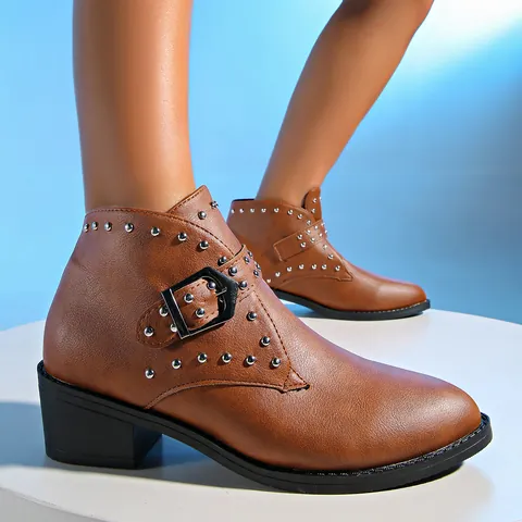 Dames Klinknagels Chelsea-boots Spits Toelopende Neus Gesp Enkellaarzen Blokhak PU-leder Herfst Winter Mode Martin Laarzen