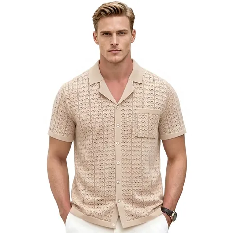 Men's Viscose Knit Polo Shirt Cuban Collar Short Sleeve Button Up Cardigan Casual Solid Color Breathable Top