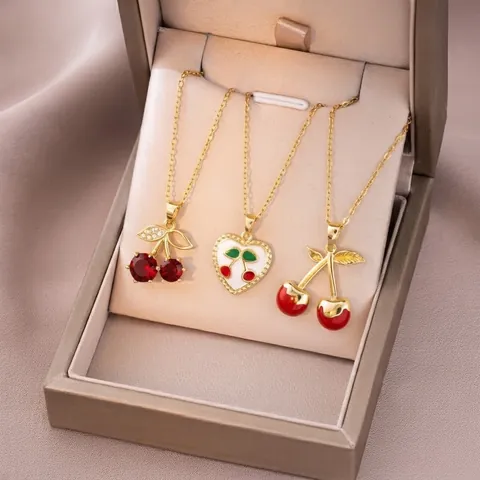 Sweet Cherry Pendant Necklace For Women Titanium Steel Copper Clavicle Chain Zirconia Inlaid Fashion Jewelry Accessory Gift