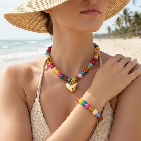 Colorful Dopamine Resin Beaded Necklace And Bracelet Set For Women Summer Beach Vacation Stainless Steel Vacuum Plating Jewelry