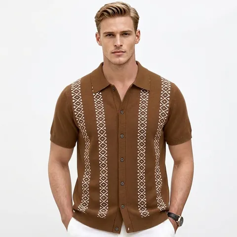 Men Viscose Striped Jacquard Knit Polo Shirt Summer Short Sleeve Business Casual Button Down Cardigan Lightweight Top