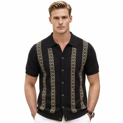 Men Viscose Striped Jacquard Knit Polo Shirt Summer Short Sleeve Business Casual Button Down Cardigan Lightweight Top