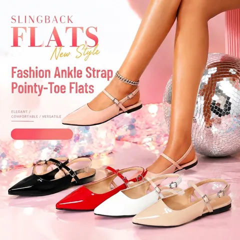 Women French Elegant Pointed Toe Slingback Flats Patent Leather Buckle Strap Solid Color Casual Dress Single Shoes
