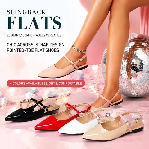 Zapatos Planos para Mujer Elegante Francés de Punta Estrecha Slingback Charol Correa de Hebilla Color Sólido Casual