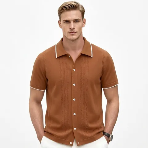 Polo Homme Business Casual en Viscose Tricoté Manches Courtes Cardigan à Boutons Haut d'Été Couleur Unie Mode Classique Tricots