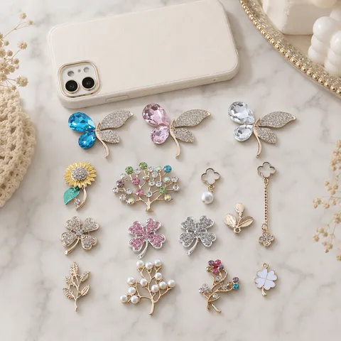 DIY Alloy Rhinestone Pendants Flower Four-leaf Clover Leaf Charms For Phone Case Beauty Jewelry Making Accessories Butterfly Tree Bird Pendants