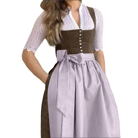 Vestido Dirndl Alemán Elegante para Mujer Disfraz Vintage de Fiesta de la Cerveza Bávara Gris de Encaje Patchwork Conjunto de Tres Piezas Top And Bottom