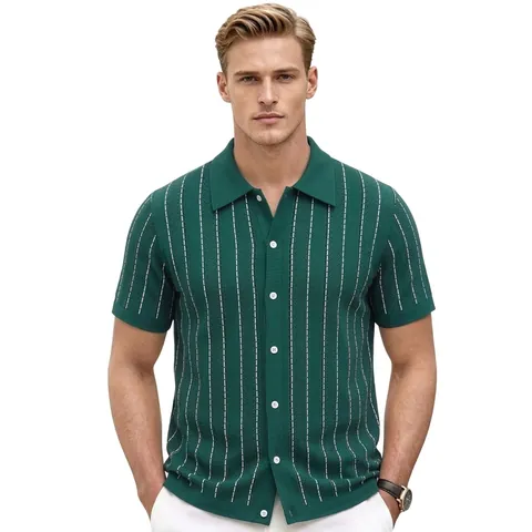 Men's Knitted Vertical Striped Polo Shirt Short Sleeve Business Casual Button Down Cardigan Top For Summer Daily Wear
