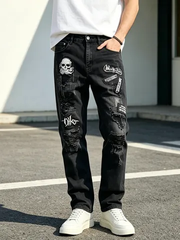 Men's High Street Heavy Embroidery Skull Rose Distressed Ripped Jeans Straight Leg Patchwork Denim Pants Black