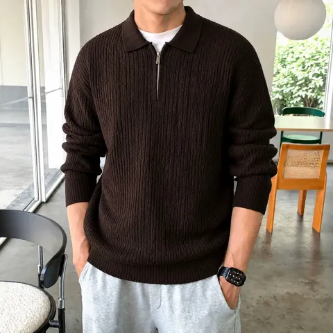 Men's Business Casual Viscose Blend Knitted Sweater Slim Fit Lapel Half Zipper Long Sleeve Soft Warm Pullover Top