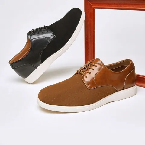 British Style Men Leather Derby Shoes Retro Cow Suede Stitching Casual Lace Up Round Toe Shoes For Spring Autumn