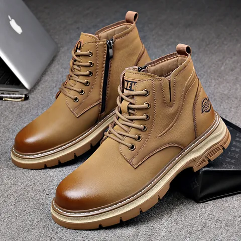 Herren Rindsleder Martin Boots Hoch Schaft Schnürung Seitenreißverschluss Rutschfeste Outdoor Mode Casual Work Boots Für Winter