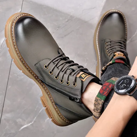 Herren Rindsleder Martin Boots Hoch Schaft Schnürung Seitenreißverschluss Rutschfeste Outdoor Mode Casual Work Boots Für Winter