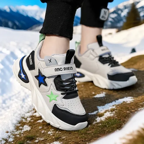 Kids Winter Outdoor Sports Shoes Padded Warm Non-Slip Sneakers For Boys Girls Star Pattern Hook and Loop Closure Running Shoes