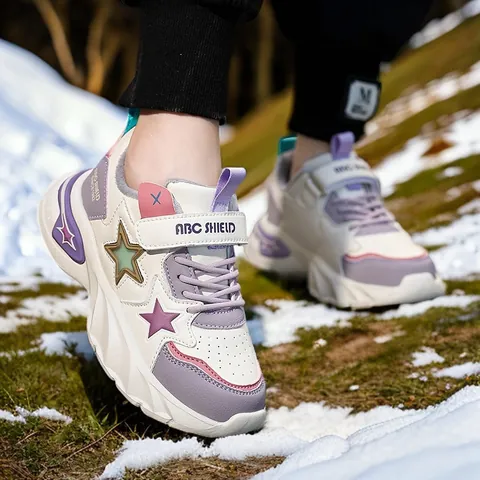 Kids Winter Outdoor Sports Shoes Padded Warm Non-Slip Sneakers For Boys Girls Star Pattern Hook and Loop Closure Running Shoes