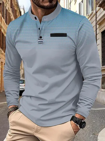 Polo Casual de Manga Larga para Hombre Cuello Alto Estampado de Mota Degradado Moda Otoño