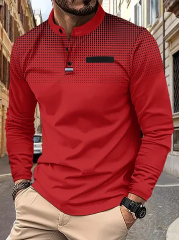 Polo Casual de Manga Larga para Hombre Cuello Alto Estampado de Mota Degradado Moda Otoño