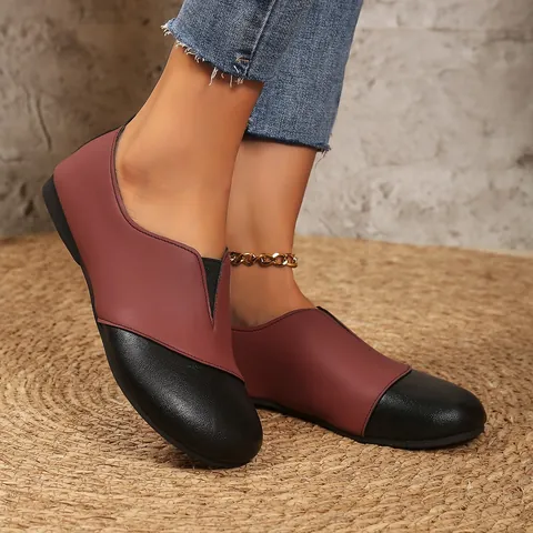 Vintage Mori Style Color Block Microfiber Leather Flat Shoes For Women Breathable Shallow Mouth V-Cut Casual Loafers Soft Sole Single Shoes