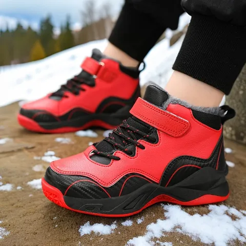 Boys Winter Warm Basketball Shoes Plush Lined Waterproof Synthetic Leather High Top Sneakers For Kids Outdoor Sport