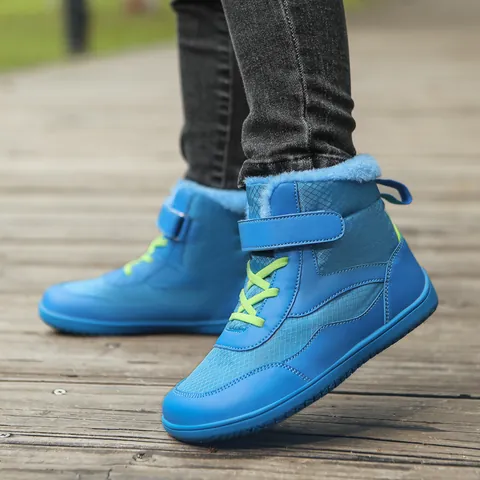 Kids Winter Snow Boots Waterproof Non-Slip Warm Plush Lined Outdoor Barefoot Shoes For Boys Girls Velcro Hiking Boots