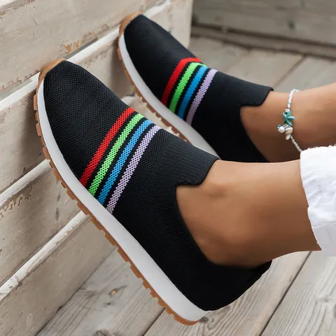 Women Flying Knit Mesh Sneakers Slip-on Breathable Casual Shoes Rainbow Striped Flat Loafers Lightweight Walking Shoes