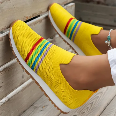 Women Flying Knit Mesh Sneakers Slip-on Breathable Casual Shoes Rainbow Striped Flat Loafers Lightweight Walking Shoes