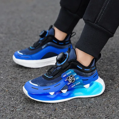 Kids Rotary Buckle Sports Shoes Boys Girls Breathable Leather Patchwork Running Sneakers Non-slip Casual Athletic Footwear