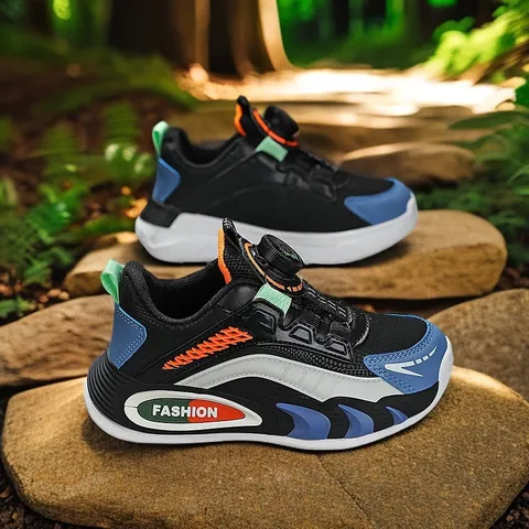 Kids Rotary Buckle Sneakers Boys Waterproof Running Shoes Breathable Mesh Synthetic Leather Patchwork Non-Slip Athletic Trainers Outdoor Sport Shoes for Big Kids