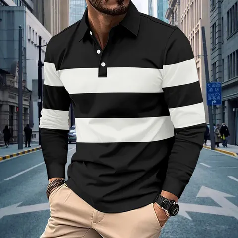 Men's Casual Striped Long Sleeve Polo Shirt Turn-down Collar Fashion Printed Polyester Top For Daily Streetwear Men Apparel