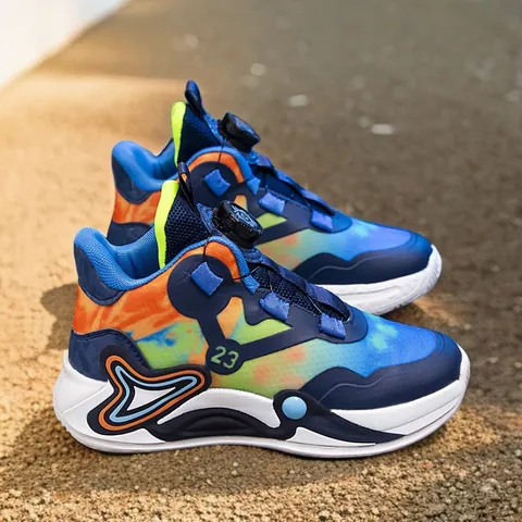 Kids Basketball Shoes Rotary Buckle Breathable Mesh High Top Children Sports Running Sneakers For Boys Girls Students