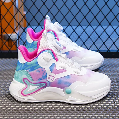 Kids Basketball Shoes Rotary Buckle Breathable Mesh High Top Children Sports Running Sneakers For Boys Girls Students