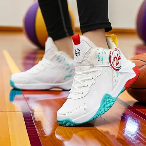 Kids Basketball Shoes Fleece Lined High Top Sneakers Padded Warm Training Shoes For Boys Girls Anti Slip Wear Resistant Winter Sports Shoes