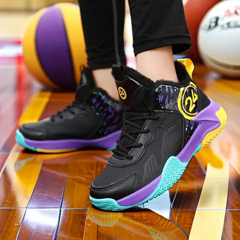 Kids Basketball Shoes Fleece Lined High Top Sneakers Padded Warm Training Shoes For Boys Girls Anti Slip Wear Resistant Winter Sports Shoes