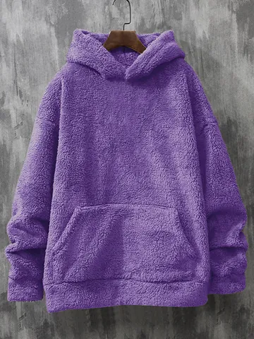 Men's Casual Sherpa Fleece Hoodie Solid Color Long Sleeve Pullover Sweatshirt With Kangaroo Pocket Loose Fit Autumn Winter Warm Top