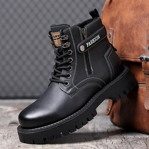 Men's Vintage British Style Work Boots Faux Leather Side Zipper Non-Slip Thick Sole Martin Boots Autumn Winter Warm Outdoor Shoes