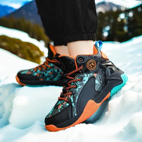 Professional Kids Basketball Shoes Boys High Top Training Sneakers Autumn Winter Warm Fleece Lined Outdoor Sports Anti Slip Shoes