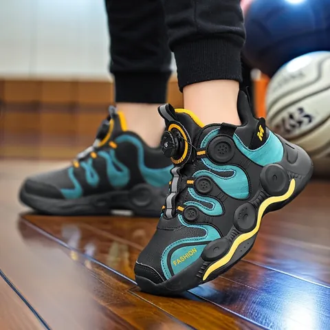 Kids Basketball Shoes Rotary Buckle Boys Sports Sneakers Non-Slip Breathable High-Top Training Running Shoes For Youth Children